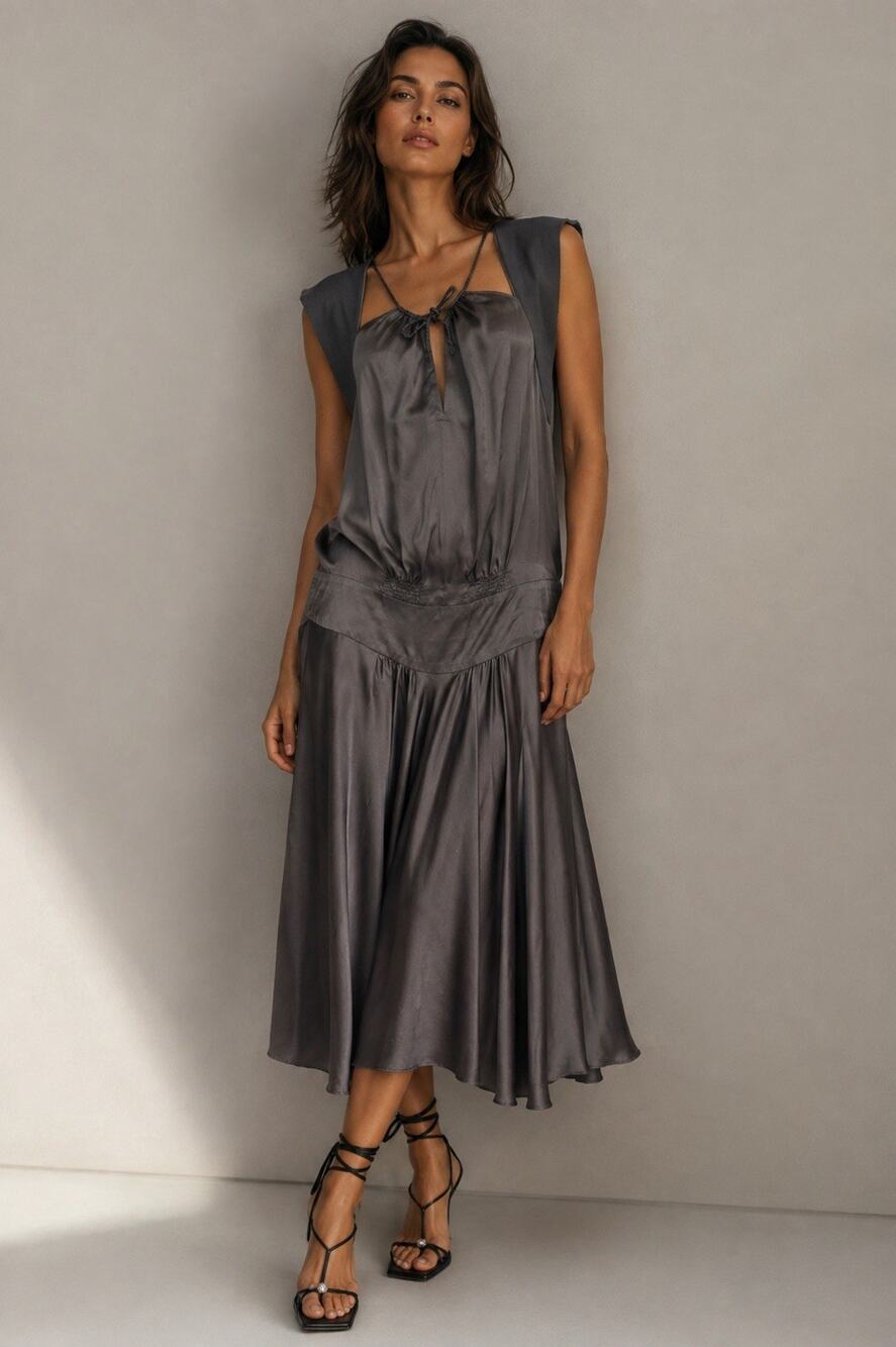 Isabel Marant N°1501 Silk Halter Midi Dress Sz M Art Deco Gatsby Greek Designer